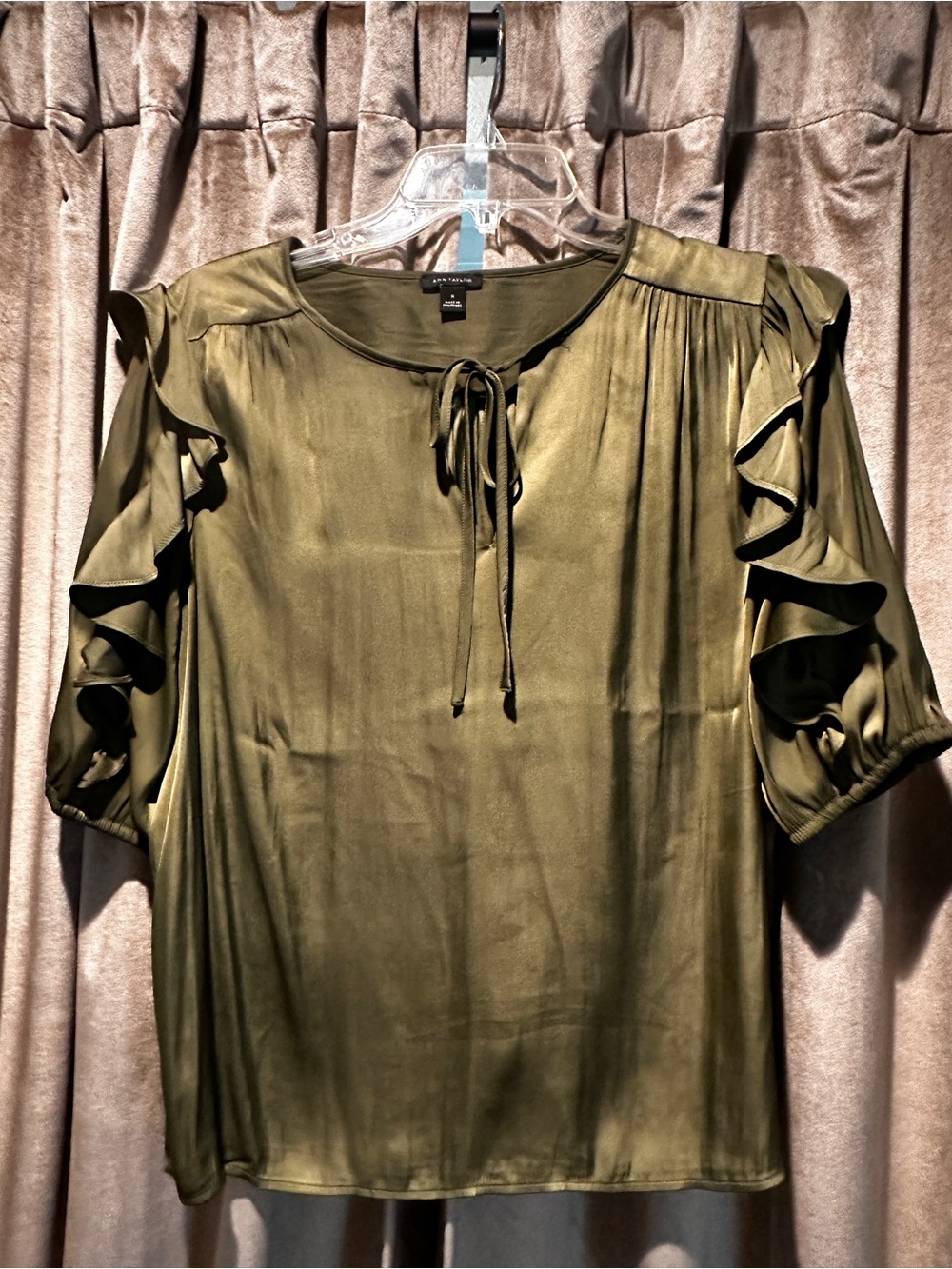 Ann Taylor Olive Ruffle Tie-Neck Blouse